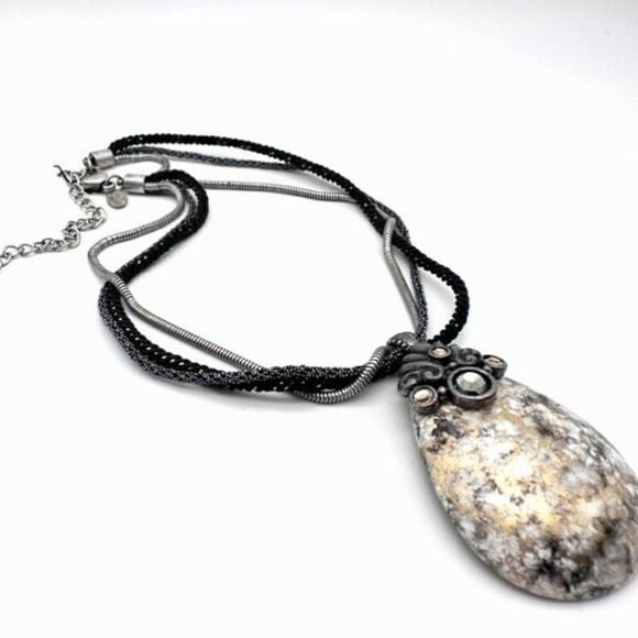 Chico’s marbled rhinestone beaded corded layered silvertone necklace pendant - Picture 2 of 6